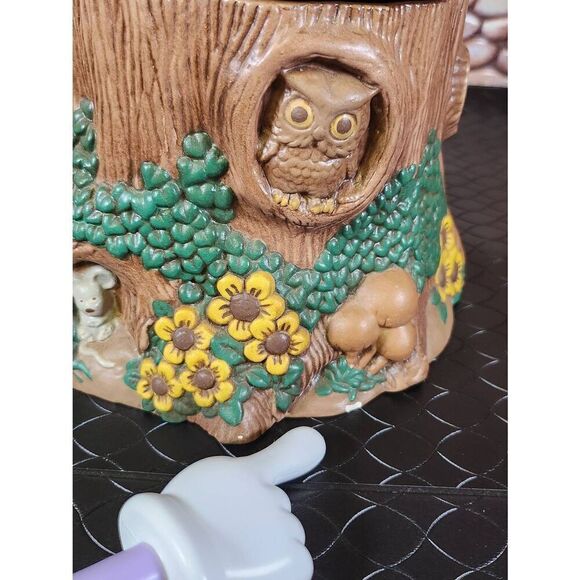 Vintage Rare Hand Painted Ceramic Cookie Jar Gnome Tree House W/ Snail Mushroom - Picture 6 of 14